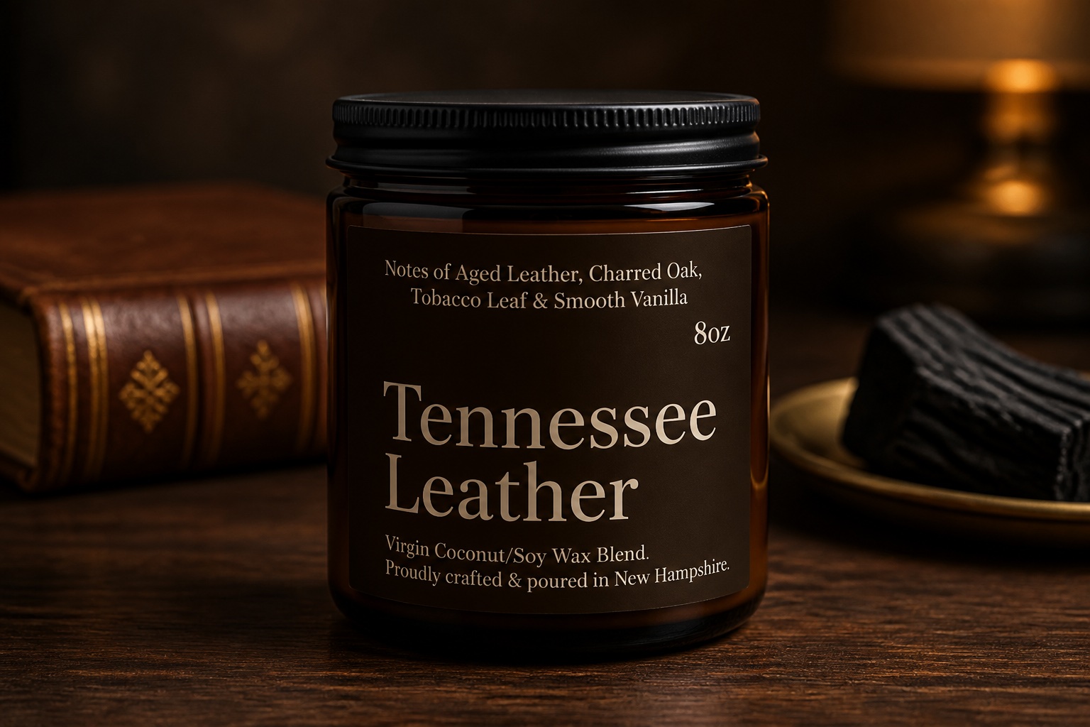 Tennessee Leather candle in a amber glass jar resting on a wooden table, surrounded by rustic home decor and soft lighting.